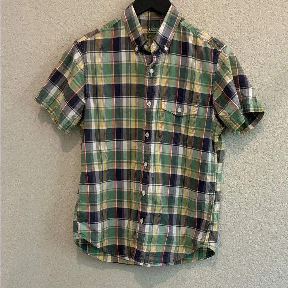 J. Crew Short-Sleeve Plaid Button-Down Shirt in Green and Navy